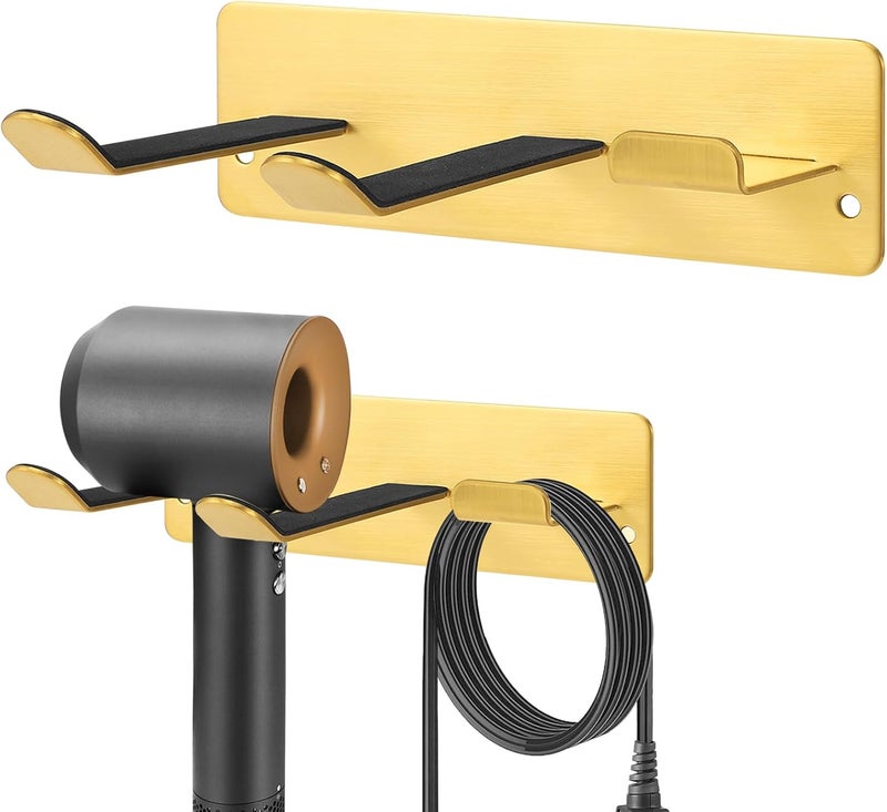 YOUGRIDDA Hair Dryer Holder Wall Mount, Universal Hair Dryer Hanger for Bathroom/Bedroom/Barbershop, 304 Stainless Steel Organizer with 3M Adhesive, No Drilling Space Saver (Gold) - Image 1